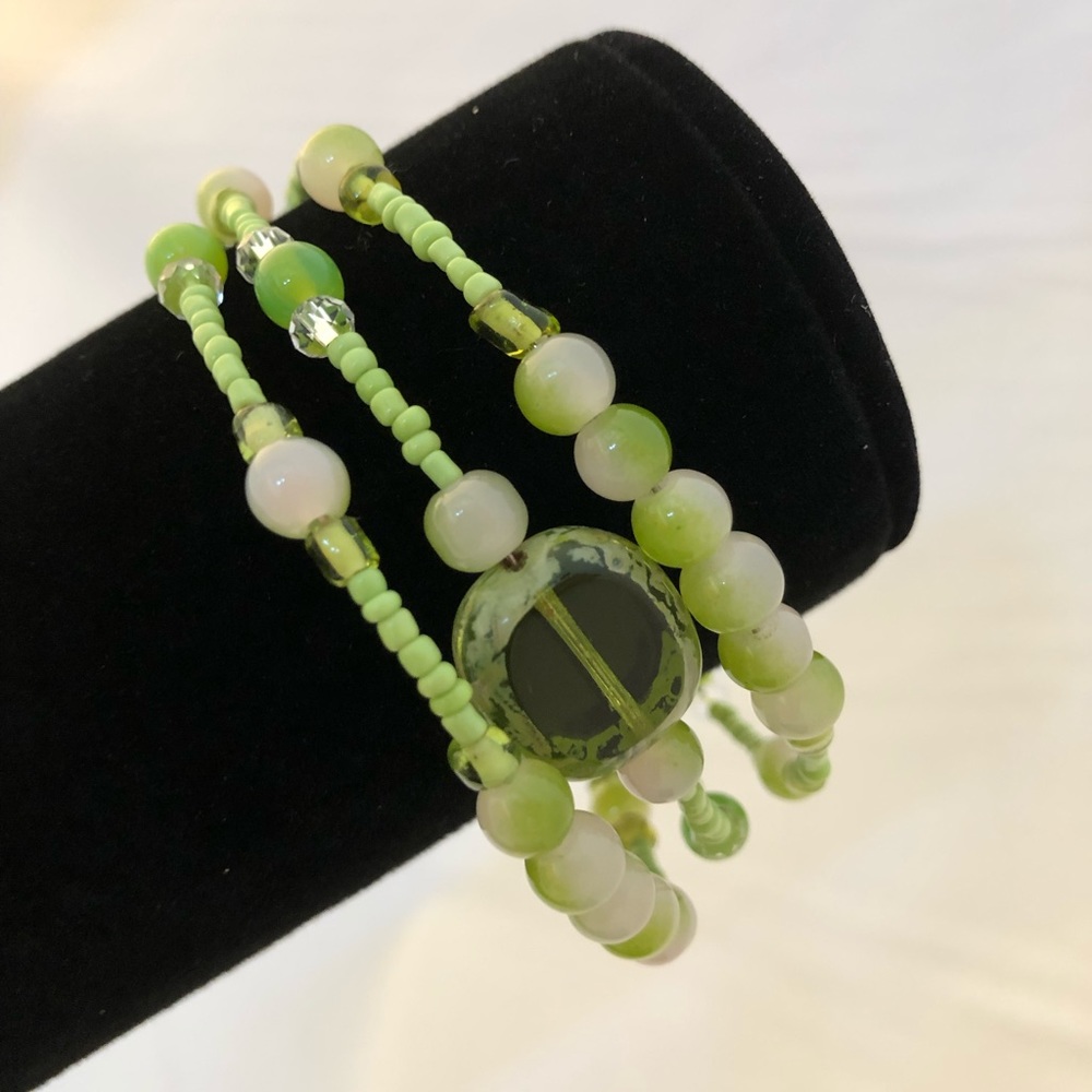 Green Beaded Memory Wire Bracelet